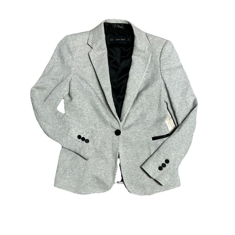 Zara Basic sz M gray blazer w/faux black leather trim classy stylish clean lines - Picture 3 of 9